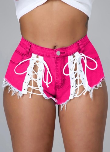 Pink Lace-Up Fringe Denim Shorts