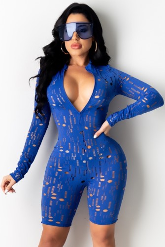 Blue Sexy Hollow Out Long Sleeve Zip Front Bodycon Rompers