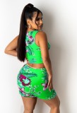 Sexy Two Piece Floral Green Lace Up Crop Top and Skirt Set