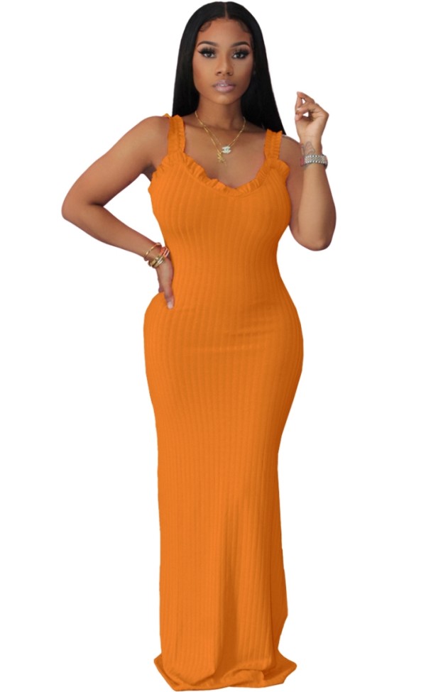 Orange Ruffles Strap Ribbed Slit Maxi Dress