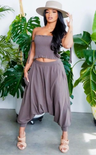 Grey Strapless Shirred Crop Top and Baggy Pants 2pc Set