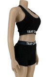 Print Letter Black Textured Bra and Shorts Sports Suit