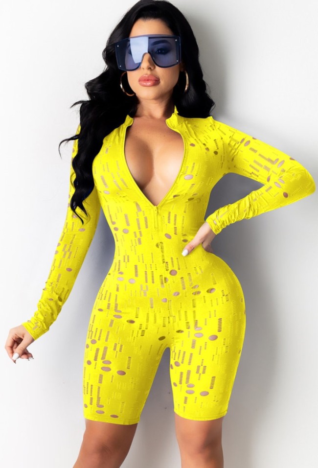 Yellow Sexy Hollow Out Long Sleeve Zip Front Bodycon Rompers