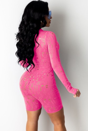 Pink Sexy Hollow Out Long Sleeve Zip Front Bodycon Rompers