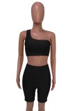 Black Textured Sexy One Shoulder Crop Top and Shorts Set