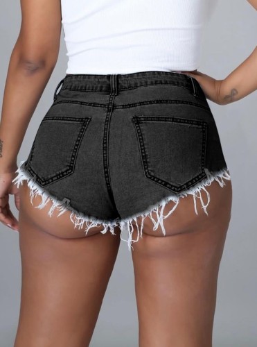 Black Lace-Up Fringe Denim Shorts