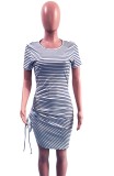 O-Neck Blue Stripes Ruched Drawstring T-Shirt Dress