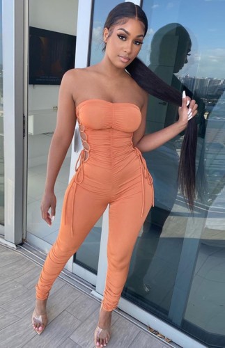 Solid Strapless Lace-Up Bodycon Ruched Sexy Jumpsuit