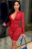 Red Sexy Hollow Out Long Sleeve Zip Front Bodycon Rompers