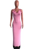 Pink Ruffles Strap Ribbed Slit Maxi Dress