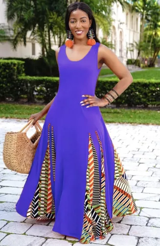 Blue Sleeveless O-Neck Splicing African Maxi Dress