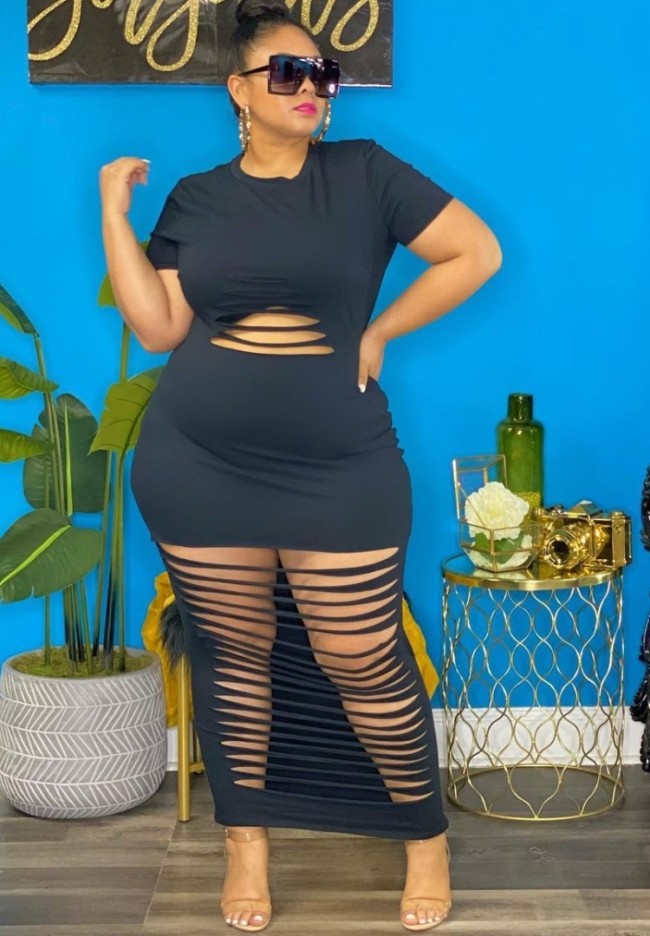 Plus Size Black Ripped Casual Maxi Dress