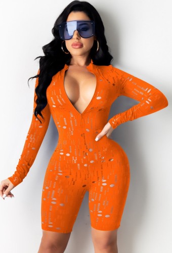 Orange Sexy Hollow Out Long Sleeve Zip Front Bodycon Rompers