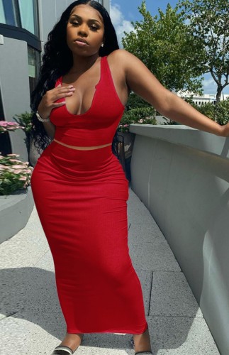 Sexy Red Ribbed Tank Crop Top and Pencil Skirt Set