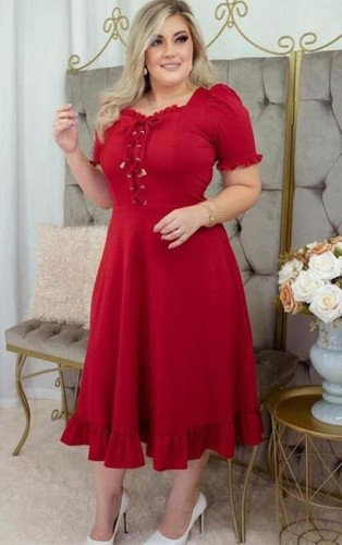 Plus Size Solid Lace Up Ruffles Midi Dress