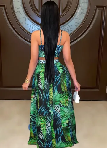 Print Cami Crop Top and Slit Maxi Skirt Set