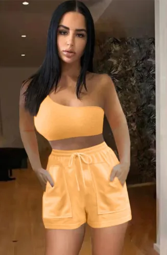 Solid One Shoulder Crop Top and Shorts Set Two Piece Outfits