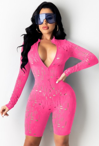 Pink Sexy Hollow Out Long Sleeve Zip Front Bodycon Rompers