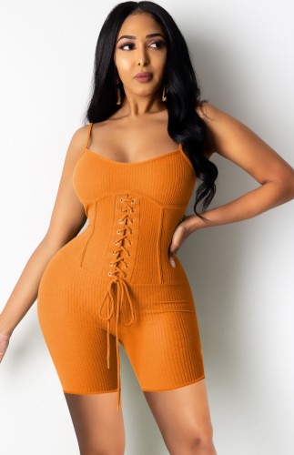Sexy Orange Lace Up Bodycon Ribbed Cami Rompers