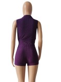 Purple Textured Sleeveless Crop Top and Shorts Sports Suit