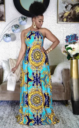 Tribal Print Halter Open Back Maxi Dress
