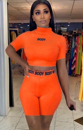 Letter Print Orange Bodycon Crop Top and High Waist Shorts Set
