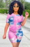 Two Piece Tie Dye Textrued Tee and Shorts Set