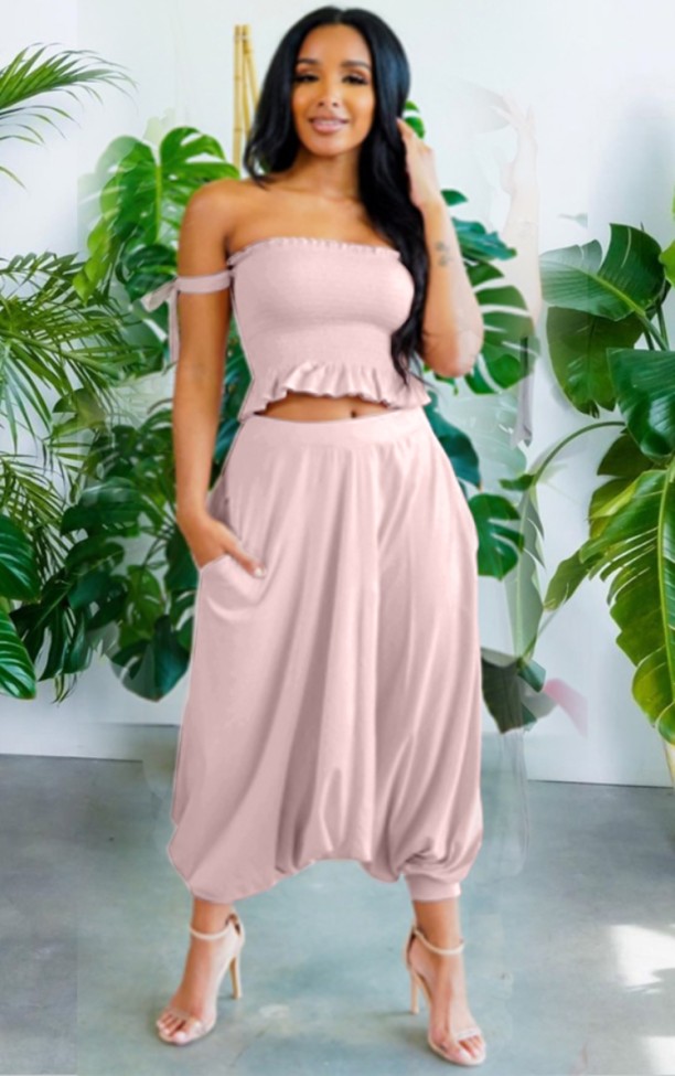 Pink Strapless Shirred Crop Top and Baggy Pants 2pc Set