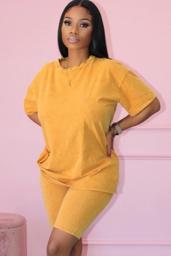Cotton Blend Casual Yellow T-Shirt and Biker Shorts Two Piece Set