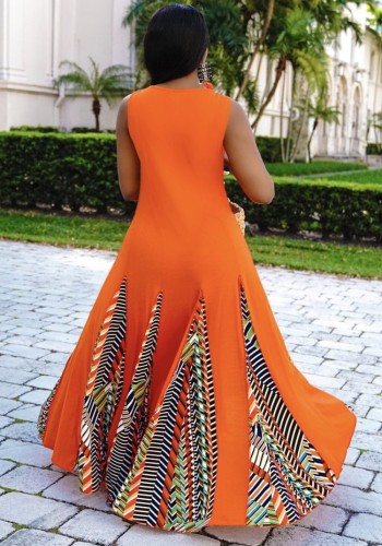Orange Sleeveless O-Neck Splicing African Maxi Dress