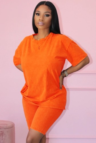 Cotton Blend Casual Orange T-Shirt and Biker Shorts Two Piece Set