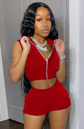 Red Textured Sleeveless Crop Top and Shorts Sports Suit