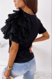 Solid Round Neck Irregular Top with Ruffle Sleeve