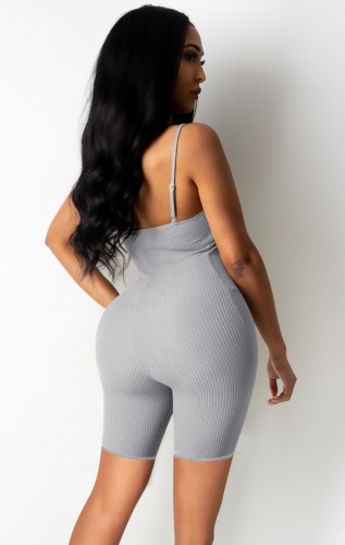 Sexy Grey Lace Up Bodycon Ribbed Cami Rompers