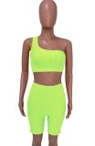 Green Textured Sexy One Shoulder Crop Top and Shorts Set