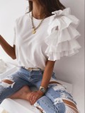 Solid Round Neck Irregular Top with Ruffle Sleeve