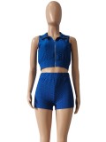 Blue Textured Sleeveless Crop Top and Shorts Sports Suit