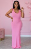 Pink Ruffles Strap Ribbed Slit Maxi Dress