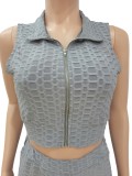 Grey Textured Sleeveless Crop Top and Shorts Sports Suit