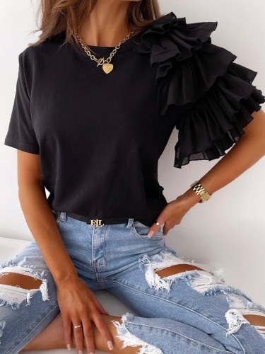 Solid Round Neck Irregular Top with Ruffle Sleeve