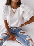 Solid Round Neck Irregular Top with Ruffle Sleeve
