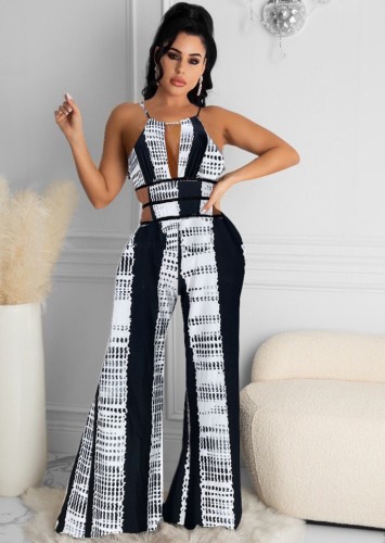 White and Black Hollow Out Halter Wide Leg Jumpsuit