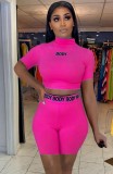 Letter Print Pink Bodycon Crop Top and High Waist Shorts Set