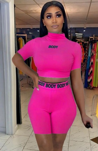 Letter Print Pink Bodycon Crop Top and High Waist Shorts Set