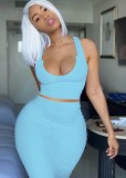 Sexy Blue Ribbed Tank Crop Top and Pencil Skirt Set