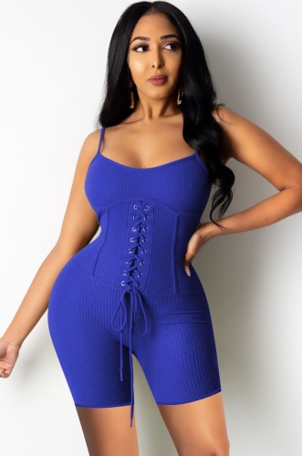 Sexy Blue Lace Up Bodycon Ribbed Cami Rompers