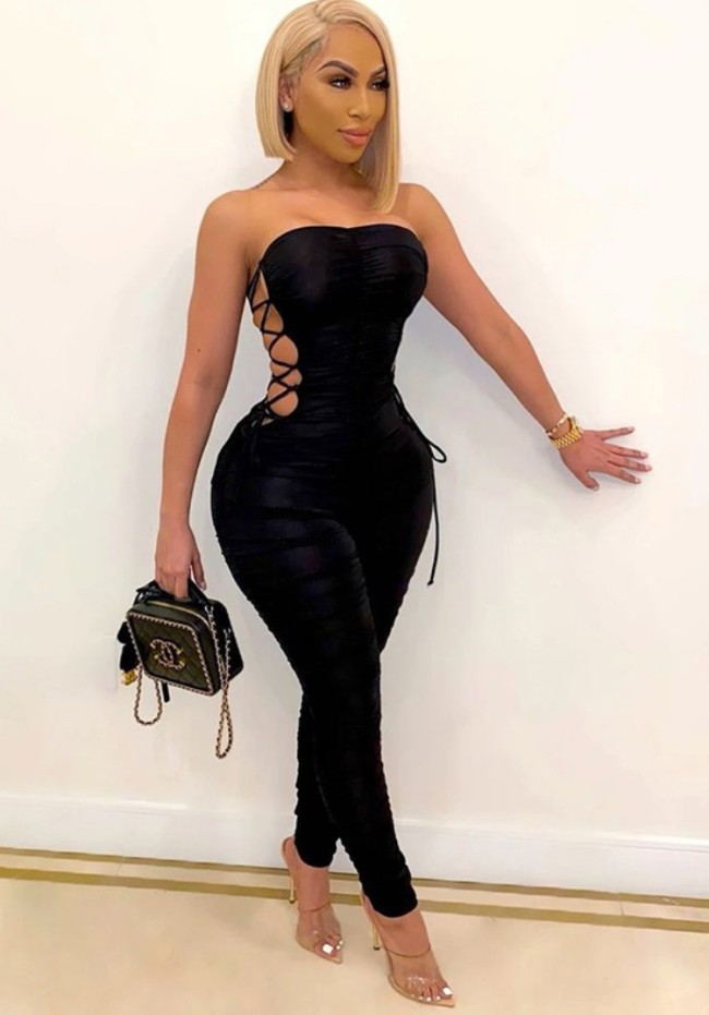 Solid Strapless Lace-Up Bodycon Ruched Sexy Jumpsuit