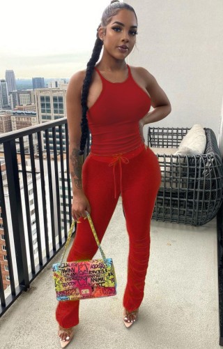 Hot Sale Casual Red Halter Tank Top and Stacked Pants Set