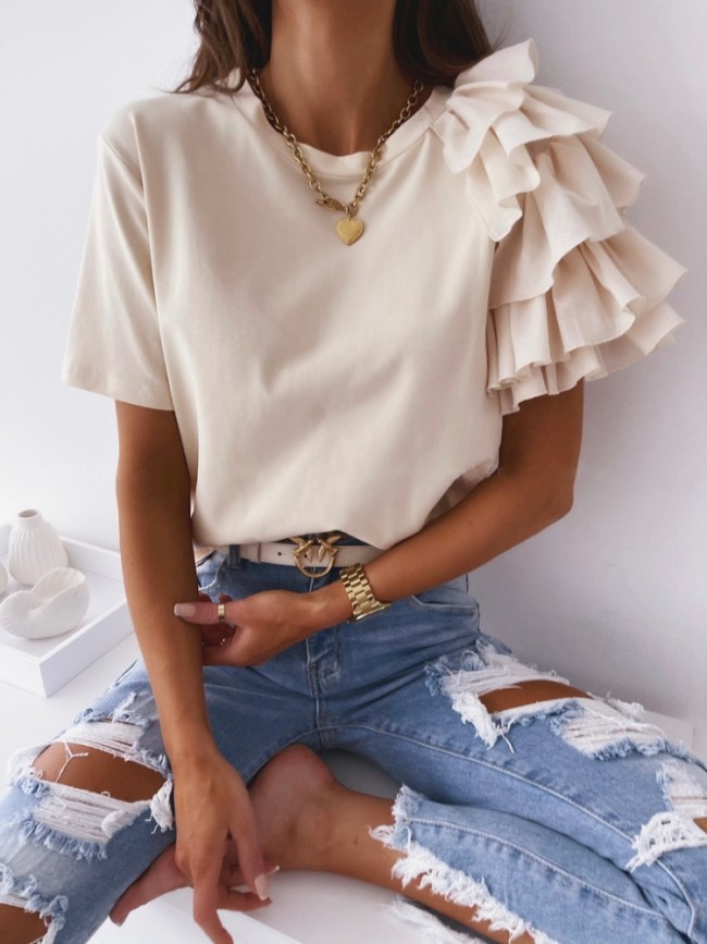 Solid Round Neck Irregular Top with Ruffle Sleeve