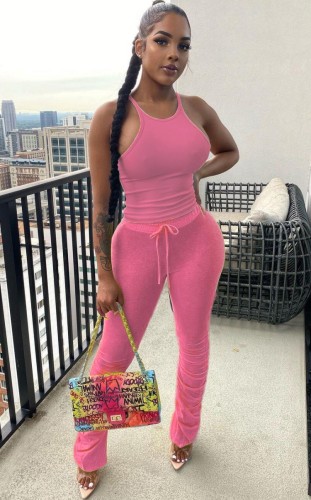 Hot Sale Casual Pink Halter Tank Top and Stacked Pants Set